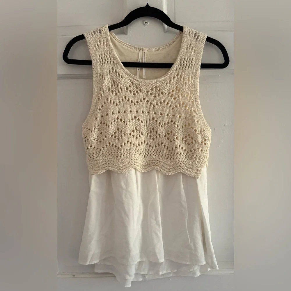 Anthro Ivory Crochet Sweater Tank Layered Boho Knit Blouse S - Picture 5 of 7